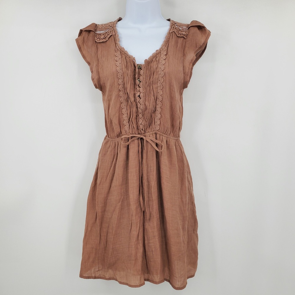 E&M Terracotta Brown Crochet Lace Gauze Mini Dress Boho Flutter Sleeve Medium